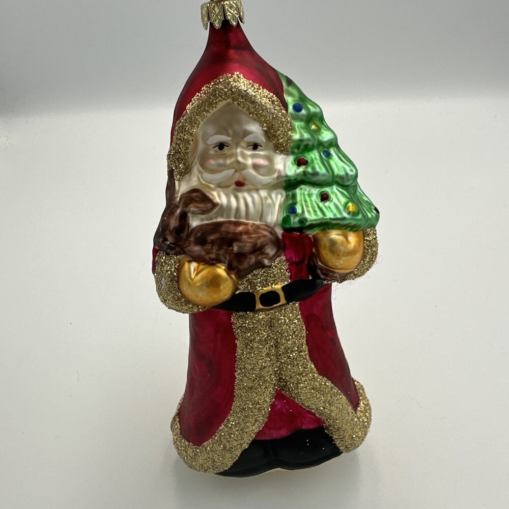 VTG German Blown Glass‎ Santa Ornament Christmas Red Gold Glitter Lauscha Style